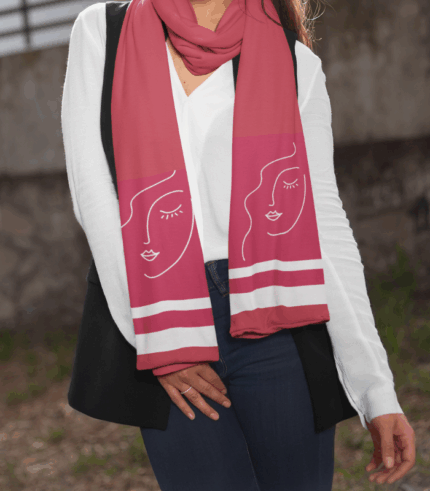 RED COTTON CAMBRIC STOLE – DIGITAL PRINT WOMEN FACE DESIGN WITH WHITE BORDER (80 x 40 INCH)