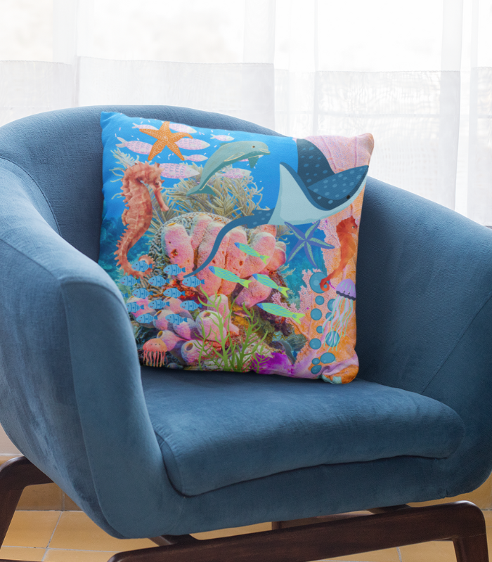 SEA LIFE BLUE FISH 3 SEA LIFE CUSHION @ D-w 9 (cush ) MADE TO ORDER DESIGNS - Image 1