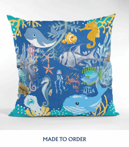 OCEAN LIFE PRINT SATIN CUSHION COVERS | MADE TO ORDER LIVING ROOM DECOR | PREMIUM DIGITAL PRINT 18X18 INCH | SET OF 6 -CUSTOM SIZE AVAILABLE
