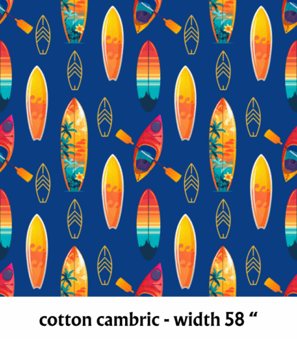 Vibrant Blue & Yellow Surf Board Print Cotton Cambric Fabric – Soft, Breathable & Perfect for Kurtas and Shirts