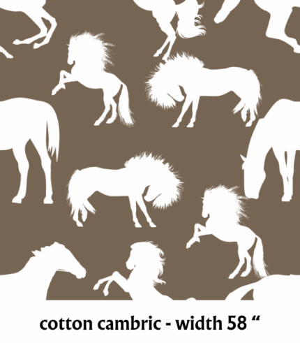 Premium Cotton Cambric Cedar Brown Horse Print Fabric – Soft, Breathable & Stylish for Dresses, Kurtis & Crafts