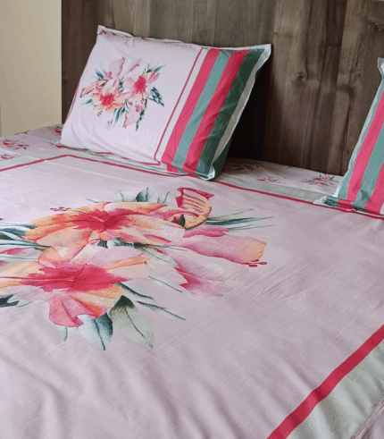 Salmon Pink Floral Digital Print King Size Bed Sheet | Premium Cotton Poplin 108x108 | Soft & Breathable Luxury Bedding Set