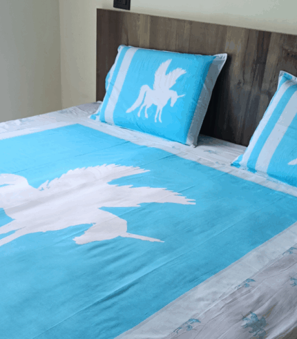 SKY BLUE AND WHITE PEGASUS PRINT BED SHEET | PREMIUM COTTON POPLIN DOUBLE BED SHEET | SOFT & BREATHABLE LUXURY BEDDING SET