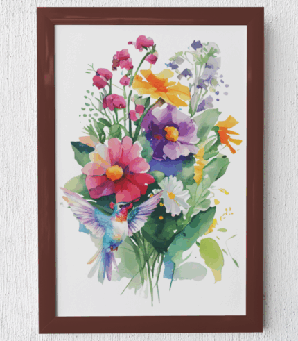 Floral Bunch Design Wall Art Framed Embroidery Print Painting for Wall Decor | Digital Satin Print with Zari & Thread Hand Embroidery | 12x16 inch polywood  Frame