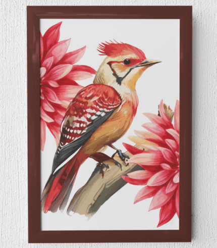 Bird and Flower Design Wall Art Framed Embroidery Print Painting for Wall Decor | Digital Satin Print with Zari & Thread Hand Embroidery | 12x16 inch Acrylic Fram