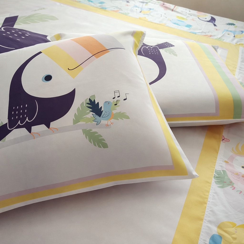 1004523870 Premium Cotton Poplin Bed Sheet small Size | Yellow & White Multicolour Toucan Hornbill Tropical Kids Bed Sheet - Image 1