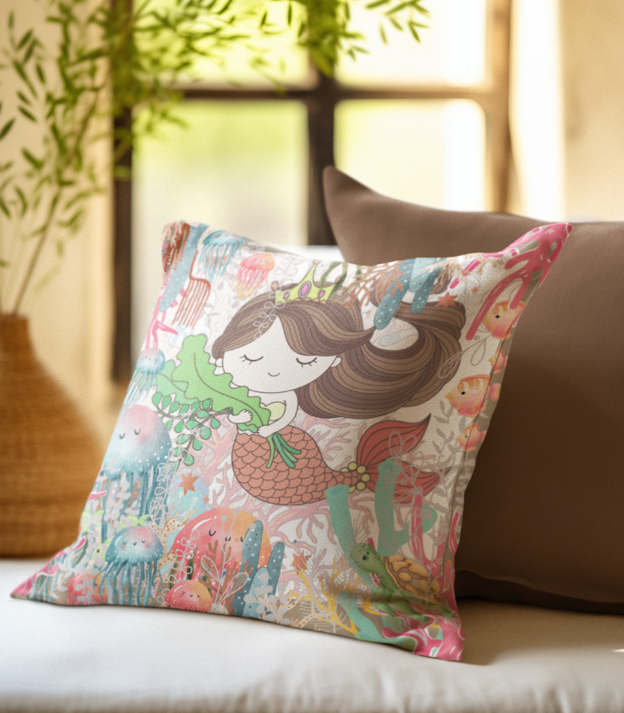 TRopical Designs (17) Beautiful Mermaid Print Raw Silk Cushion Cover in Pink & Pastel Browns | Digital Print Cushion Cover - Image 1