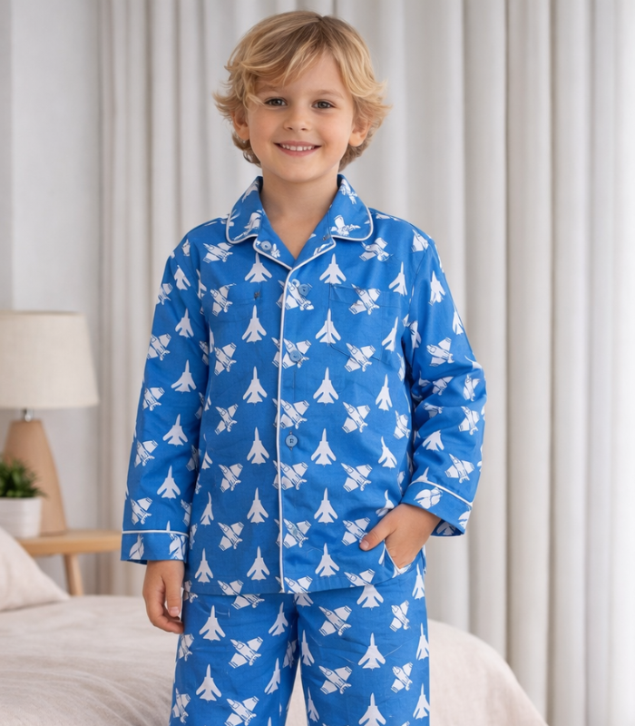 blue and white fighter jet print kids sleep wear Premium Fighter Jet Print Kids Night Wear Set – Blue & White Cotton Pajama Shirt (5–7 Years) - Image 1
