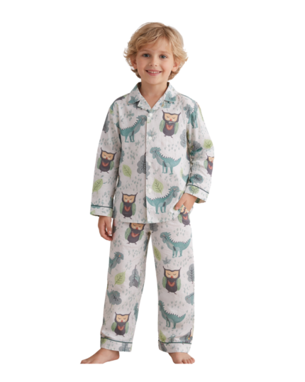 Premium Owl & Dino Print Kids Night Wear Set – Pastel Green Multicolor Cotton Pajama Shirt (5–7 Years)