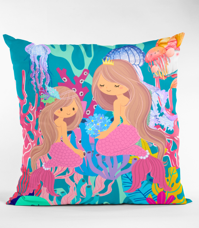 _sea life designs (39) Mermaids Multicolor sea life Digital Print Gazi Satin Cushion Covers | 16x16 Inch - Image 1