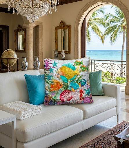 1780927704468 Ocean Life Cushion Cover: Premium Gazi Satin Digital Print with Hand-Machine Zari Embroidery (17" x 17") - Image 1
