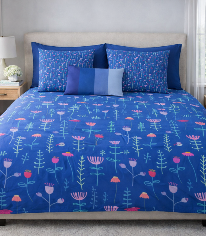 BED ROOM (1) Blue whimsical design Cotton Poplin Bed Sheet king size | Arriving Soon - Image 1