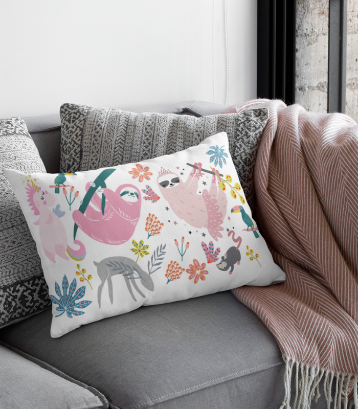 Baby Pillow (11) Baby Pillow Sloth Bear Pink Jungle Cotton Satin Lycra Cover | Ultra-Soft, Premium & Gentle Digital Print Baby Pillow Cover | 12 x 9 Inch - Image 1