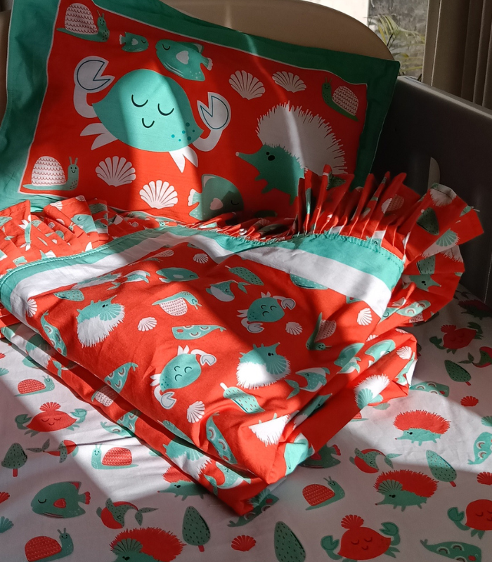 Baby bedding set (4) Orange and White Crab and Fish Pattern Digital Print Crib Bedding Set – Luxury Multi-Use 58x58 AC Comforter & Sheet - Image 1