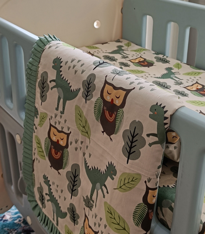 Baby bedding set (6) Dino and Owl Pattern Green and Off White Digital Print Baby Bedding Set – Luxury Multi-Use 58x58 AC Comforter & Sheet - Image 1
