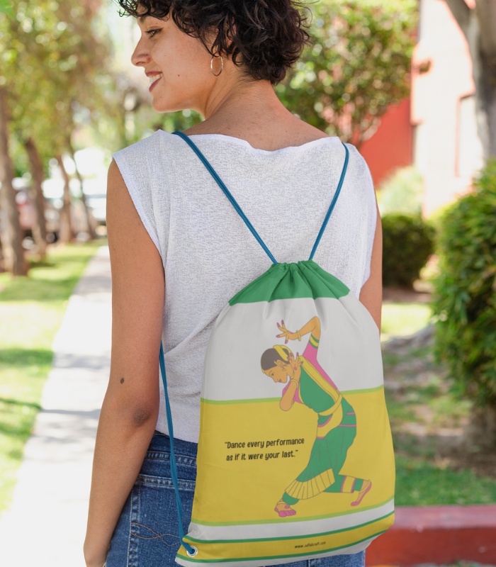 Intro (4) Elegant Green & yellow Indian Classical Dance Theme Poly Crepe String Bag | Ghunghroo Support Dance Class Bag (12×16 Inch) (Desgin 2) - Image 1