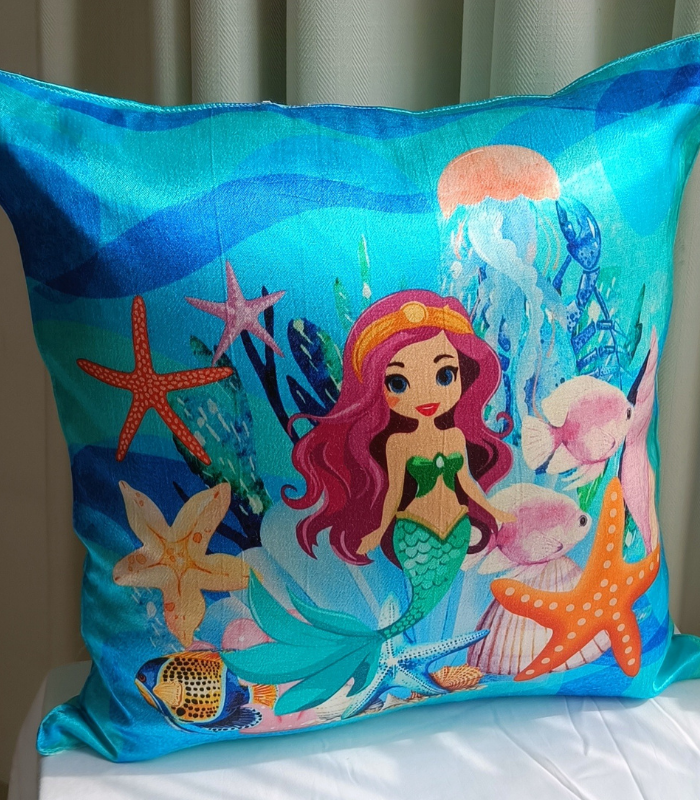 mermaid sea life hotel cushion (2) Mermaid Digital Print Gazi Satin Cushion Covers | 16x16 Inch Premium Decorative cushion - Image 1