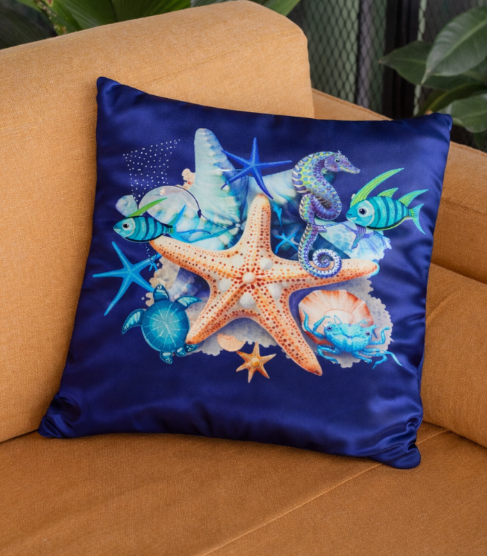 ocean life cushions (1) New Arrival Royal Blue ocean life Digital Print Gazi Satin Cushion Covers | 18x18 Inch Premium Decorative cushion - Image 1