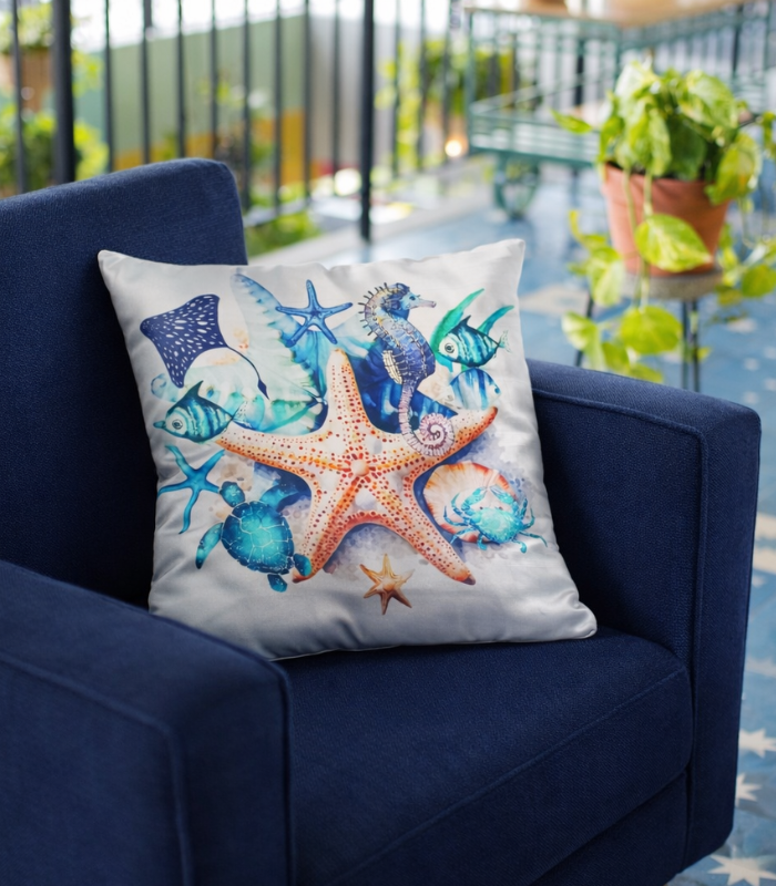ocean life cushions (2) New Arrival Blue and white sea life Digital Print Gazi Satin Cushion Covers | 18x18 Inch Premium Decorative cushion - Image 1