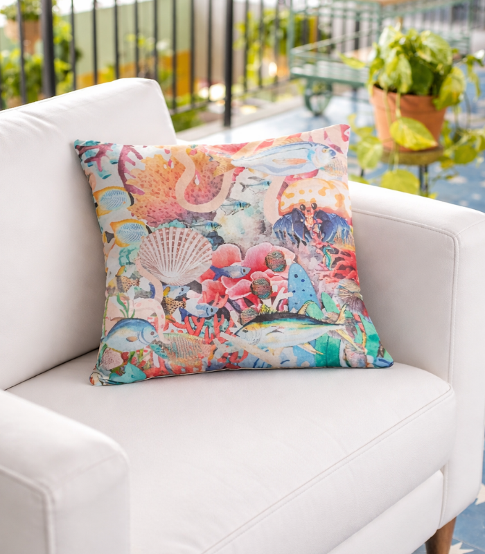 sea life hotel cushion (3) Pastel colors under sea water Digital Print Gazi Satin Cushion Covers | 16x16Inch Premium Decorative cushion - Image 1