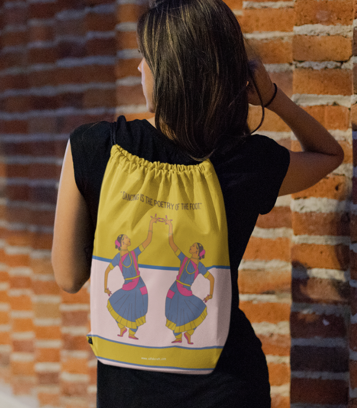string bag 19 Bharatnatyam dance digital print strings Bag | | Poly crepe 12 by 16 inch -Dance class bag (Copy) - Image 1