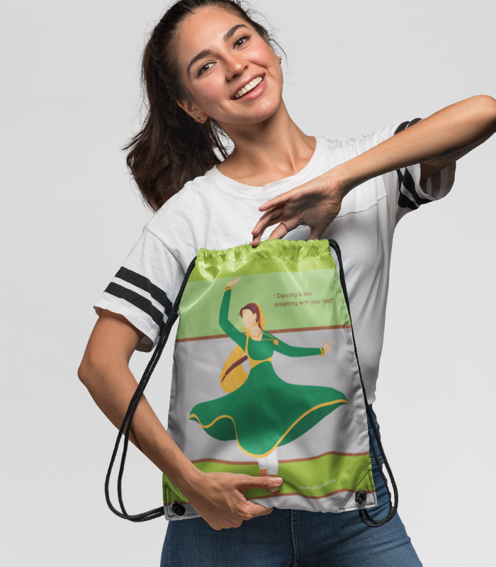 string bag 22 kathak dance digital print strings Bag | Poly crepe 12 by 16 inch -Dance class bag - Image 1