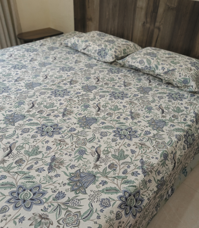 cotton bed sheet (1) Floral South Cotton Super King Bedsheet 108x110 | Blue Floral Print on Off White Base with Pillow Covers - Image 1