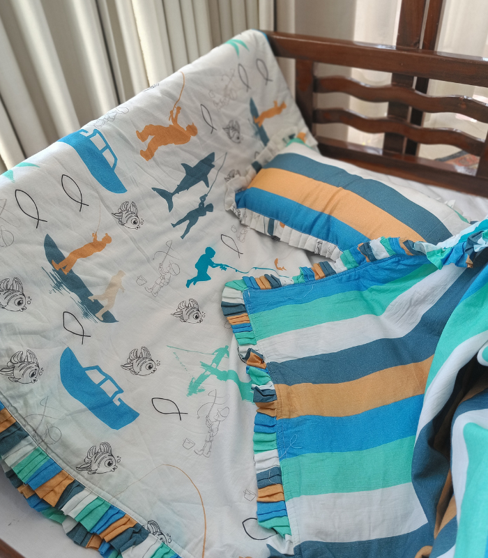 men's comforter (8) Fishing Design Soft Cotton Baby Comforter and Pillow Set – 3 Layer Cotton Cambric Baby Quilt with Pillow | Soft Breathable Baby Bedding Set for Newborns & Toddlers - Image 1