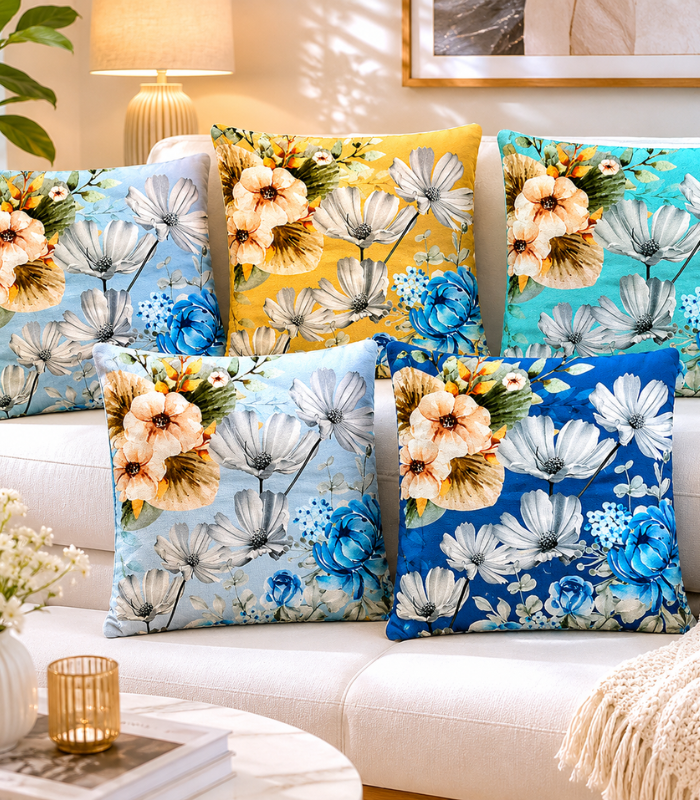 Sdfabcraft (2) Floral Print Pastel Colors Cotton Canvas Cushion Covers Set of 5 | 12x12 Inch Premium Cushion Covers - Image 1