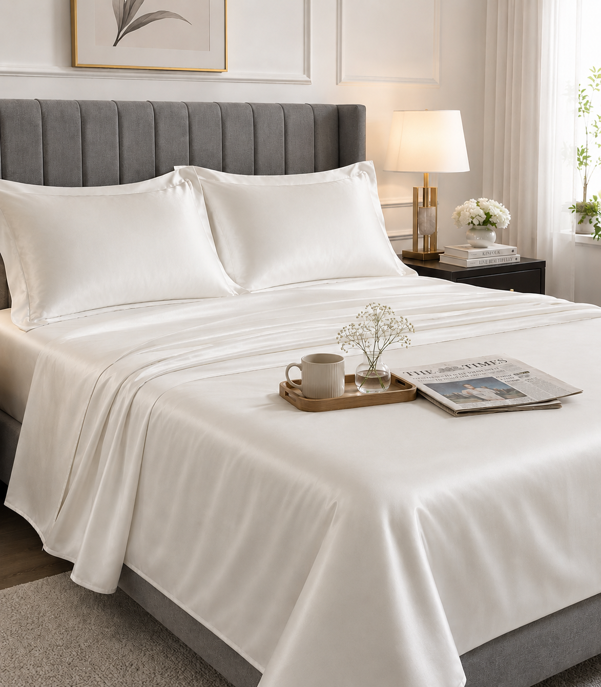 Parl white cotton satin fabric bedsheet and pillows Pearl White Cotton Satin Premium Bedsheet King Size with Two Pillows - Image 1