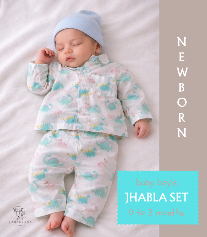 new born baby jhabla dress 1 Baby Boy Pure Cotton Muslin Jhabla Dress – Pastel Dinosaur Print Shirt & Pajama Set for Newborn - Image 1