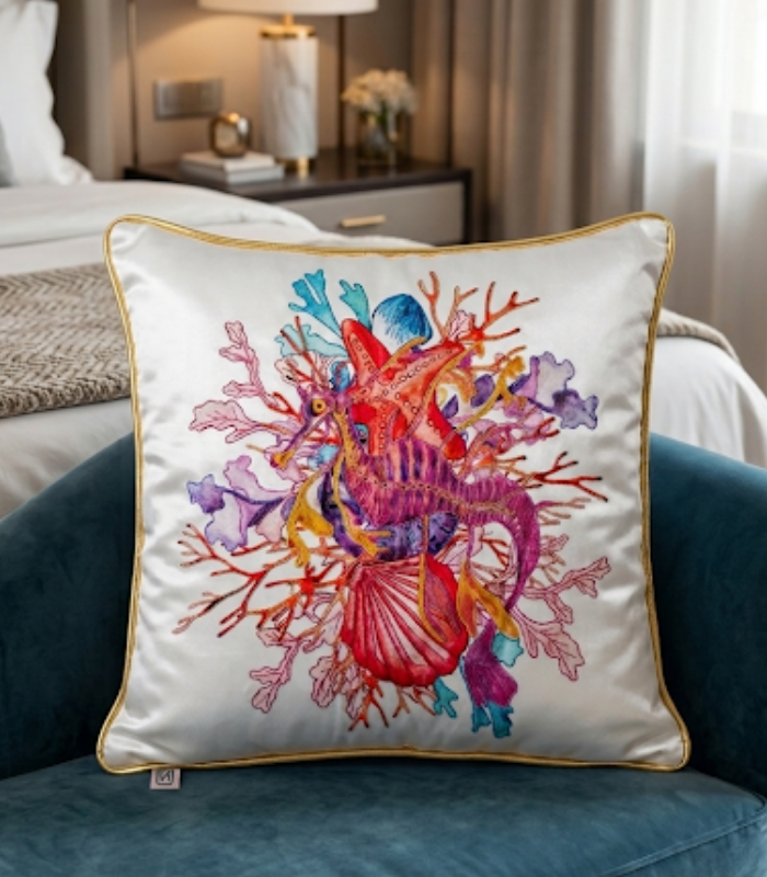 Ocean life hotel decor luxuary cushion sea horse 1 Sea Horse Design Luxury Decor Cushion Cover: Premium Gazi Satin Digital Print with Hand-Machine Zari Embroidery (17" x 17") - Image 1