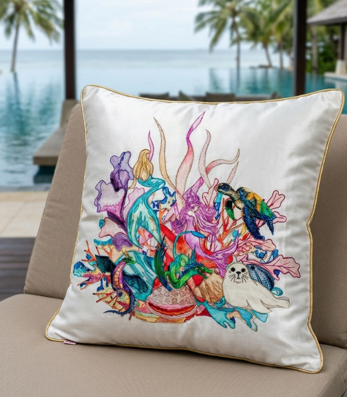ocean life 1 (16) Luxury Ocean Life Embroidered Cushion Cover – Handmade Statement Gazi Satin Pillow Case for Luxury Homes and Hotels - Image 1